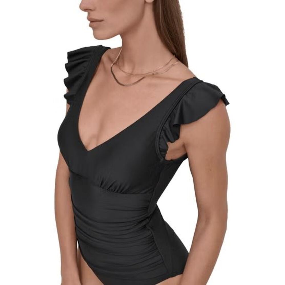 DKNY Black V Neck Ruffle Shoulder Ruched Tummy Control Swimsuit XL NWT - Picture 8 of 10